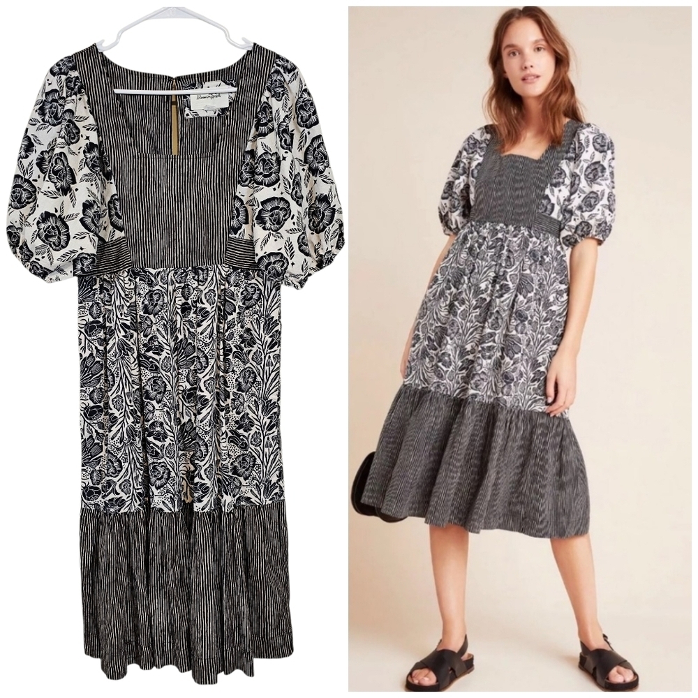 Bloomingprint Anthropologie Floral Adrienne Puff Sleeved Flounced Midi Dress